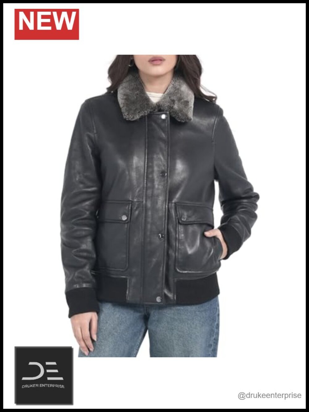 Lambskin Leather Bomber Jacket Detachable Faux Fur Collar Aviator